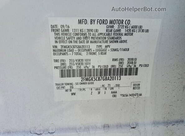2FMGK5C87GBA20113 2016 FORD FLEX Белый Вид наклейки с VIN-кодом