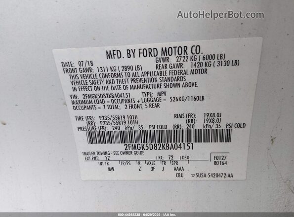 2FMGK5D82KBA04151 2019 FORD FLEX White Widok komory silnika