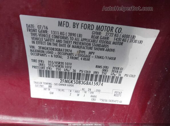 2FMGK5D83GBA15974 2016 FORD FLEX Красный Вид подкапотного пространства