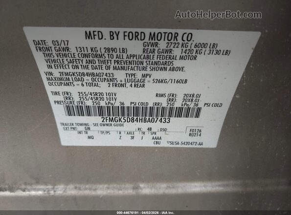 2FMGK5D84HBA07433 2017 FORD FLEX Золотой Вид подкапотного пространства