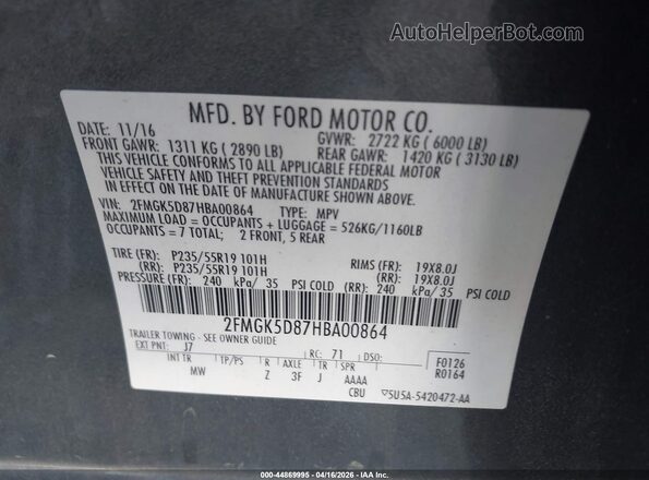 2FMGK5D87HBA00864 2017 FORD FLEX Black Vista del compartimento del motor