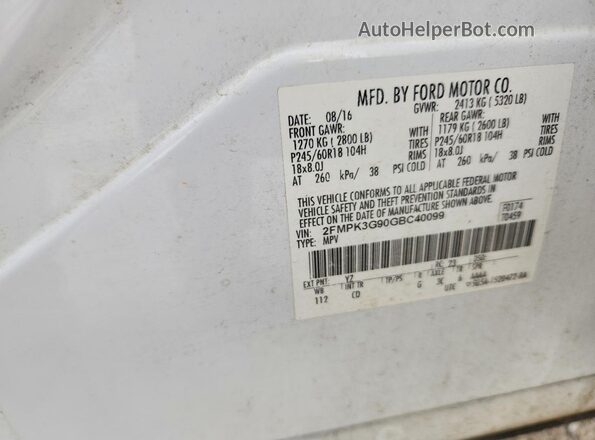 2FMPK3G90GBC40099 2016 FORD EDGE White Widok wnętrza 360 stopni