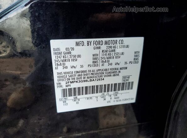 2FMPK3G98LBA72934 2020 FORD EDGE Черный Вид наклейки с VIN-кодом