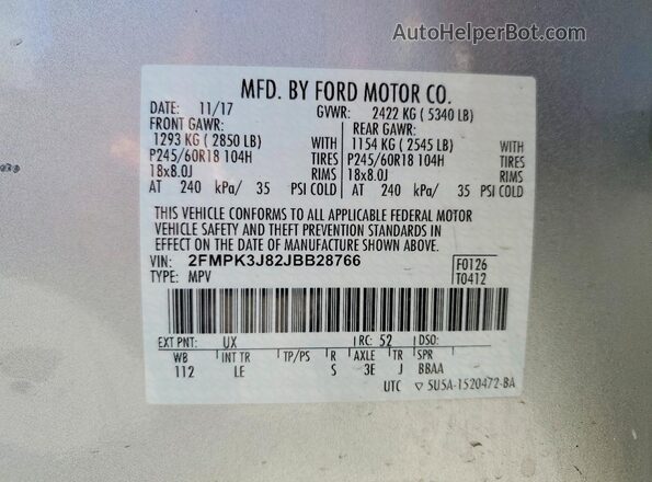 2FMPK3J82JBB28766 2018 FORD EDGE Серебряный Вид наклейки с VIN-кодом