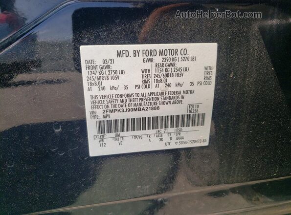 2FMPK3J90MBA21888 2021 FORD EDGE Black Widok naklejki z numerem VIN
