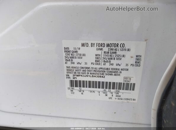 2FMPK3J91LBA30842 2020 FORD EDGE White Widok komory silnika