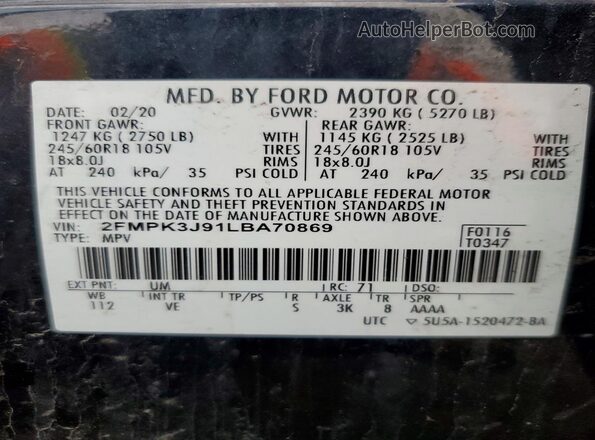 2FMPK3J91LBA70869 2020 FORD EDGE Black Vista de la etiqueta del VIN
