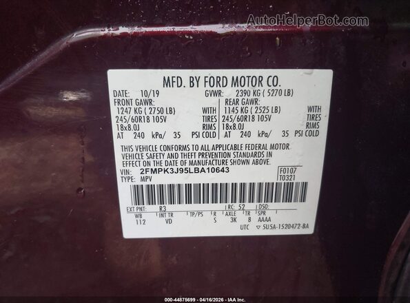 2FMPK3J95LBA10643 2020 FORD EDGE Burgundy Engine compartment view
