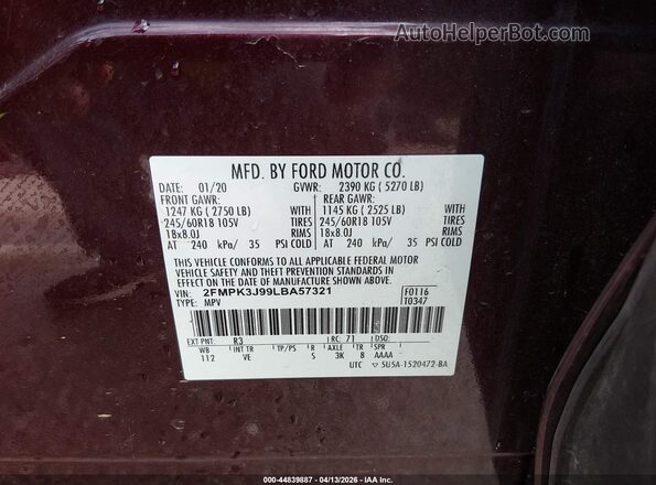2FMPK3J99LBA57321 2020 FORD EDGE Бордовый Вид подкапотного пространства