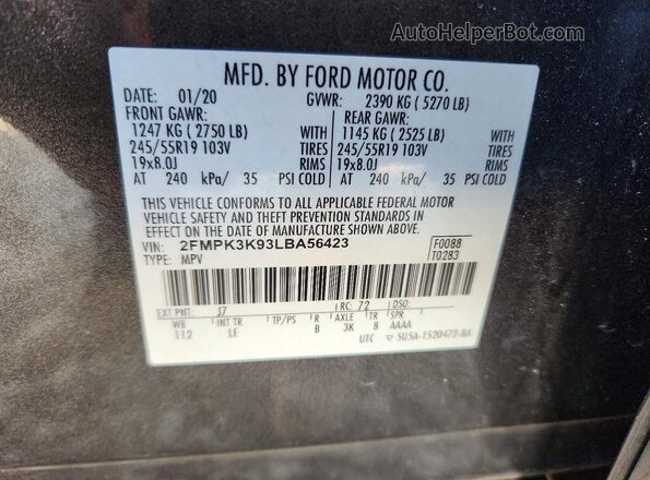 2FMPK3K93LBA56423 2020 FORD EDGE Gray Vista interior de 360 grados