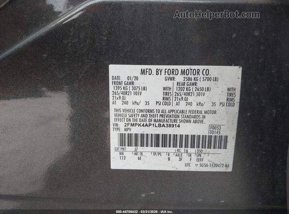 2FMPK4AP1LBA38914 2020 FORD EDGE Gray Widok komory silnika