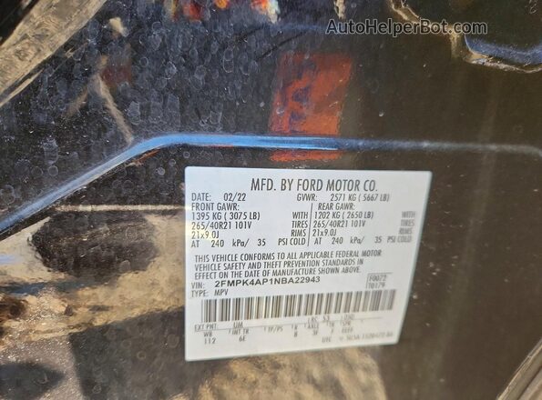 2FMPK4AP1NBA22943 2022 FORD EDGE Black Widok naklejki z numerem VIN