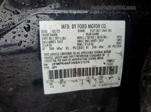 2FMPK4AP3NBA11376 2022 FORD EDGE Черный Вид наклейки с VIN-кодом