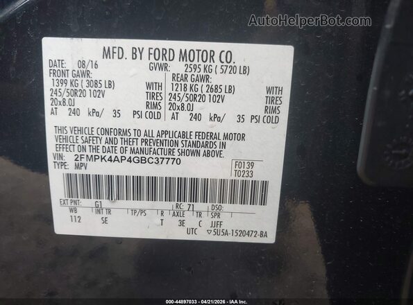 2FMPK4AP4GBC37770 2016 FORD EDGE Черный Вид подкапотного пространства