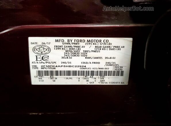 2FMPK4AP5HBC22924 2017 FORD EDGE Бордовый Вид наклейки с VIN-кодом