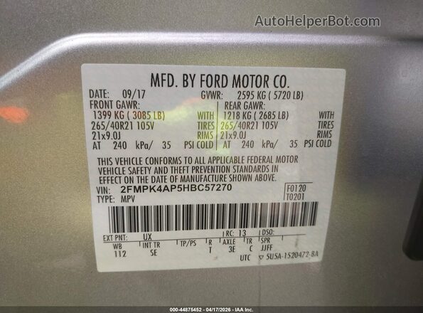 2FMPK4AP5HBC57270 2017 FORD EDGE Silver Widok komory silnika