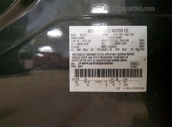 2FMPK4AP5NBA49966 2022 FORD EDGE Black VIN sticker view
