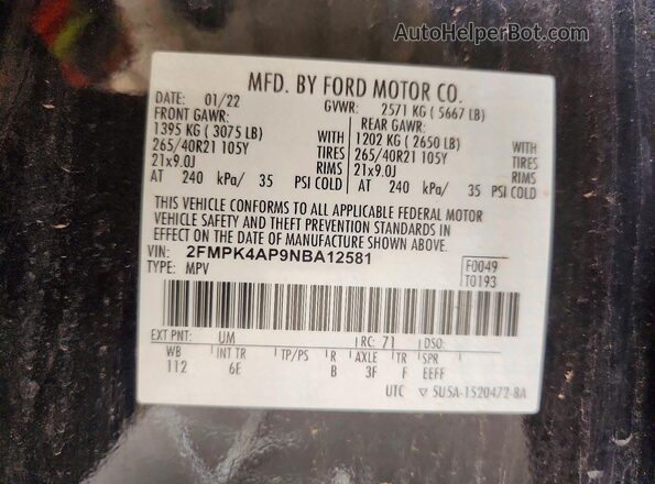 2FMPK4AP9NBA12581 2022 FORD EDGE Black სალონის 360-გრადუსიანი ხედი