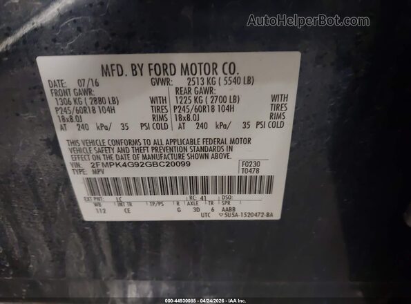 2FMPK4G92GBC20099 2016 FORD EDGE Blue Widok komory silnika
