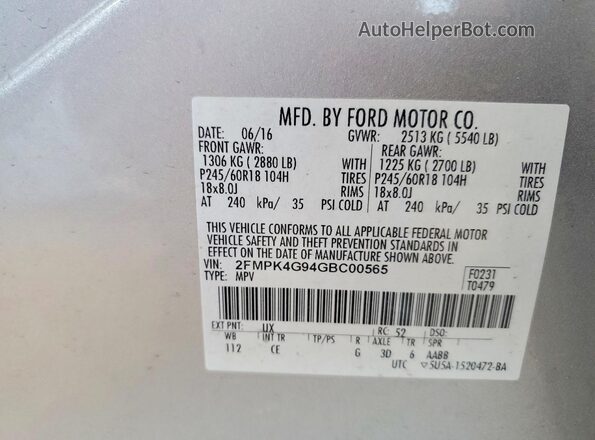 2FMPK4G94GBC00565 2016 FORD EDGE Silver Widok komory silnika