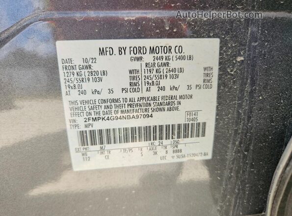 2FMPK4G94NBA97094 2022 FORD EDGE Gray Widok naklejki z numerem VIN