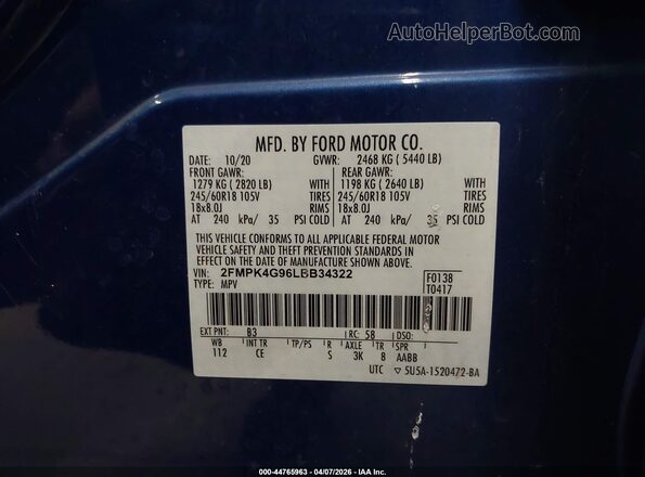 2FMPK4G96LBB34322 2020 FORD EDGE Blue Вид підкапотного простору