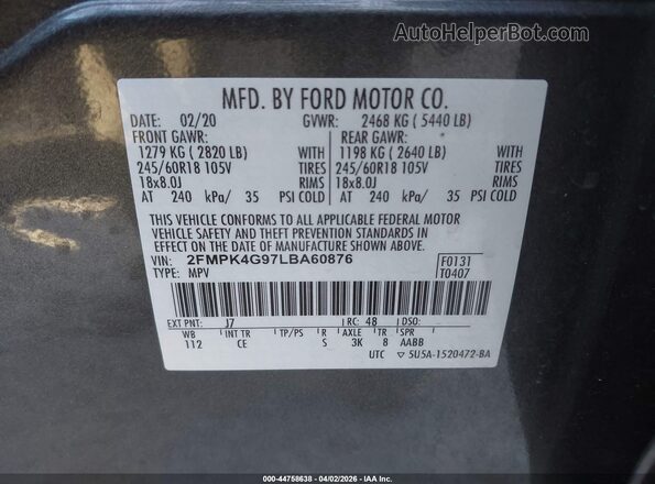 2FMPK4G97LBA60876 2020 FORD EDGE Gray Widok komory silnika