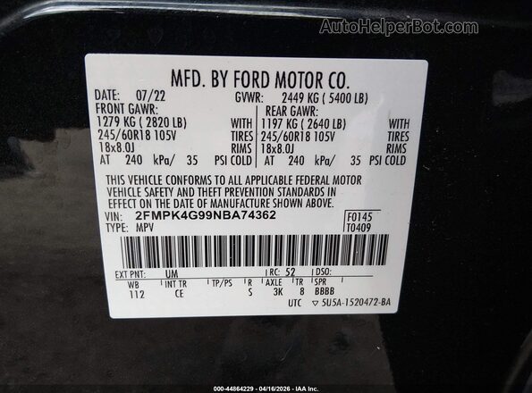 2FMPK4G99NBA74362 2022 FORD EDGE Black Widok komory silnika