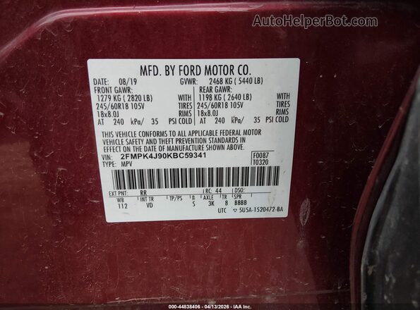2FMPK4J90KBC59341 2019 FORD EDGE Maroon Widok komory silnika