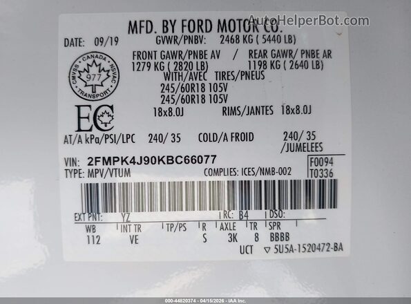 2FMPK4J90KBC66077 2019 FORD EDGE Белый Вид подкапотного пространства