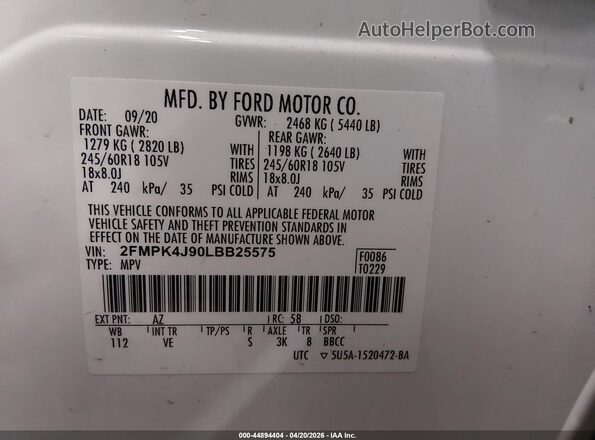 2FMPK4J90LBB25575 2020 FORD EDGE White Вид підкапотного простору