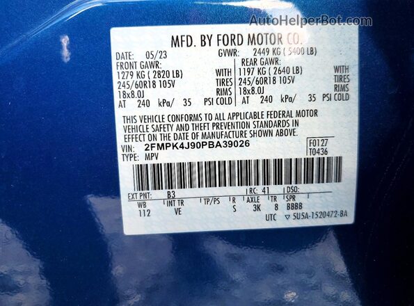 2FMPK4J90PBA39026 2023 FORD EDGE Синий Панорамный вид салона 360°