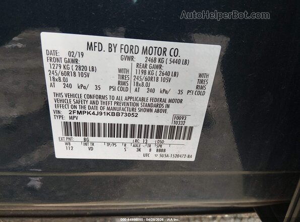 2FMPK4J91KBB73052 2019 FORD EDGE Blue Շարժիչի բաժամունքի տեսք