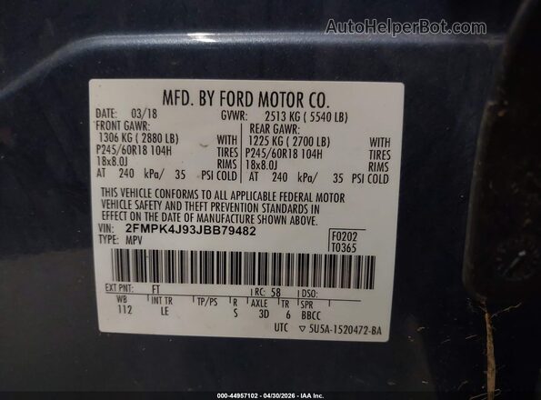 2FMPK4J93JBB79482 2018 FORD EDGE Blue Widok komory silnika