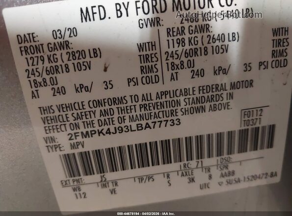 2FMPK4J93LBA77733 2020 FORD EDGE Silver Widok komory silnika