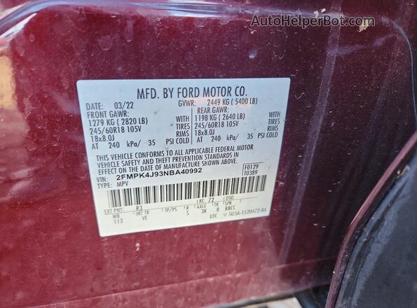 2FMPK4J93NBA40992 2022 FORD EDGE Burgundy Vista de la etiqueta del VIN