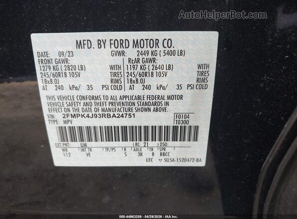 2FMPK4J93RBA24751 2024 FORD EDGE Black ძრავის განყოფილების ხედი