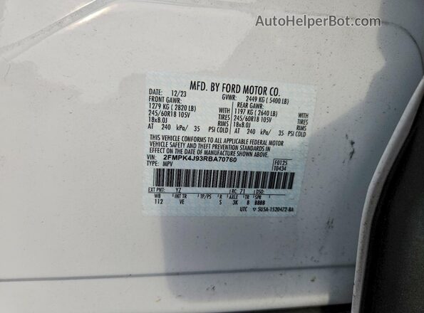 2FMPK4J93RBA70760 2024 FORD EDGE White Widok naklejki z numerem VIN