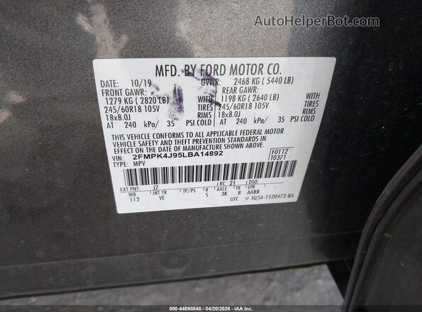 2FMPK4J95LBA14892 2020 FORD EDGE Серый Вид подкапотного пространства