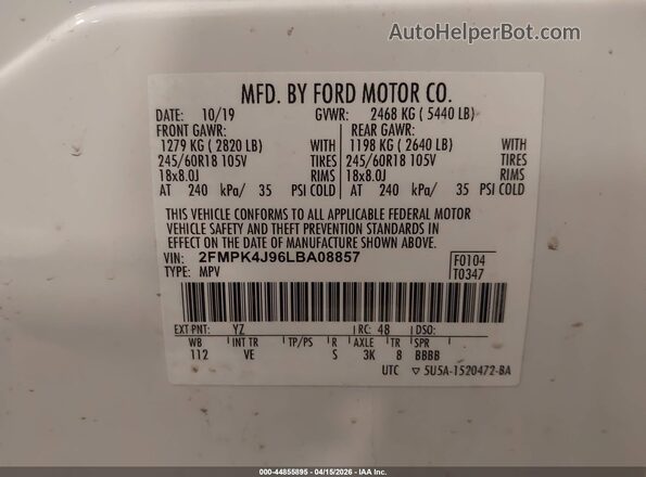 2FMPK4J96LBA08857 2020 FORD EDGE Белый Вид подкапотного пространства