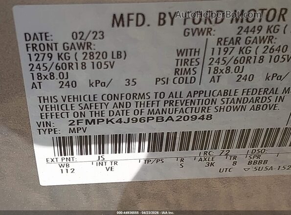 2FMPK4J96PBA20948 2023 FORD EDGE Серебряный Вид подкапотного пространства