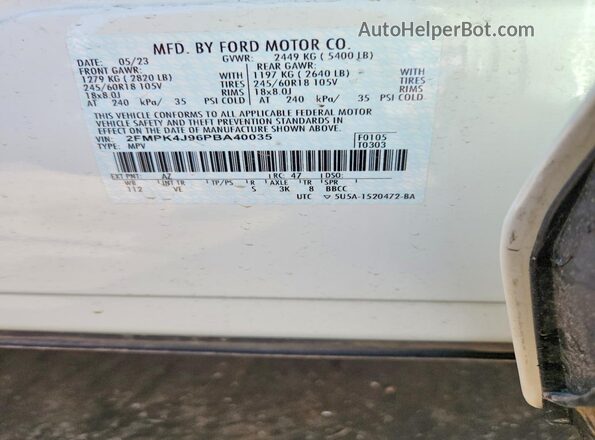 2FMPK4J96PBA40035 2023 FORD EDGE White Widok wnętrza 360 stopni