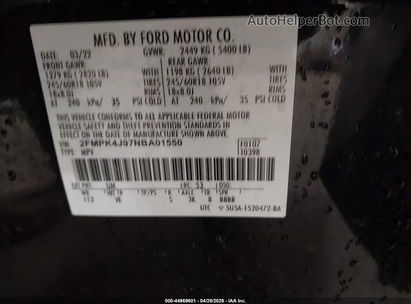 2FMPK4J97NBA01550 2022 FORD EDGE Black Vista del compartimento del motor