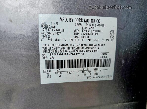 2FMPK4J97NBA17103 2022 FORD EDGE Gray Vista de la etiqueta del VIN