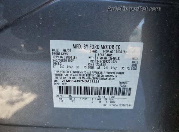 2FMPK4J97NBA81223 2022 FORD EDGE Gray Вид наклейки з VIN-кодом