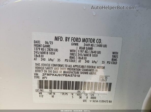 2FMPK4J97PBA57510 2023 FORD EDGE Белый Вид подкапотного пространства