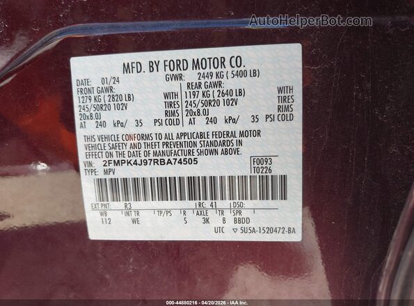 2FMPK4J97RBA74505 2024 FORD EDGE Бордовый Вид подкапотного пространства