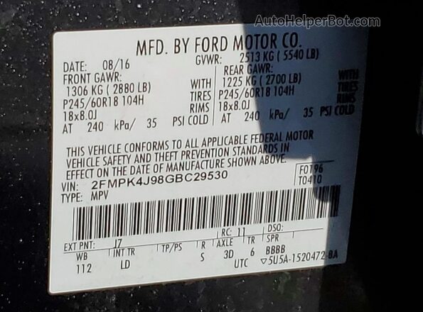 2FMPK4J98GBC29530 2016 FORD EDGE Charcoal Widok naklejki z numerem VIN