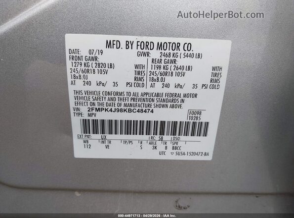 2FMPK4J98KBC48474 2019 FORD EDGE Серебряный Вид подкапотного пространства