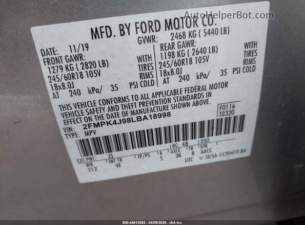2FMPK4J98LBA18998 2020 FORD EDGE Gray Widok komory silnika